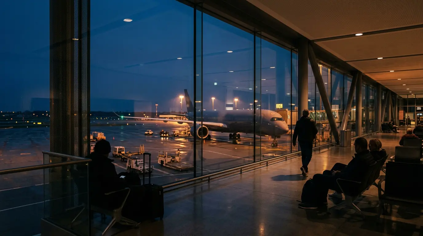 Airport terminal at dusk with an airliner at the gate