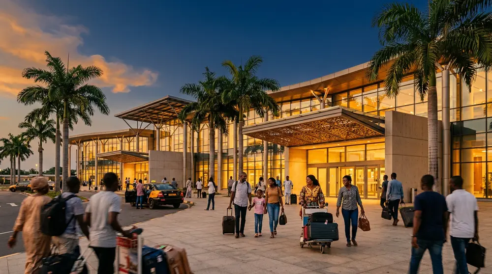 Travellers arriving at a modern West African airport