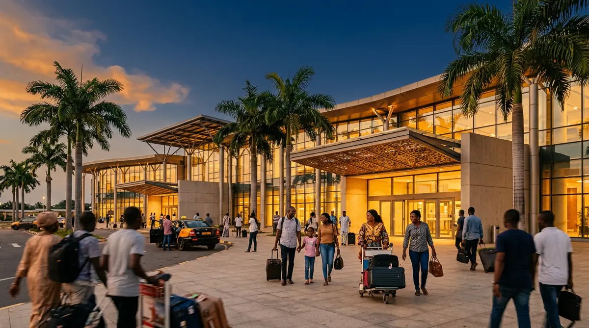Travellers arriving at a modern West African airport at golden hour